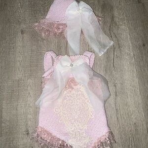 Charming Pink Lace Baby Hat and Romper Set